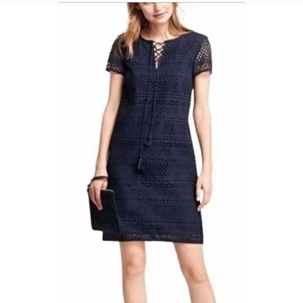 Brooks Brothers Solid Navy Blue Eyelet Floral Lace Up 100% Cotton Shift Dress